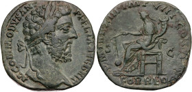 RÖMISCHE KAISERZEIT
Commodus, 177-192 n. Chr. AE-Sesterz 188 n. Chr. Rom Vs.: M COMMODVS ANT P FELIX AVG BRIT, Kopf mit Lorbeerkranz n. r., Rs.: P M ...