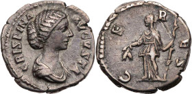 RÖMISCHE KAISERZEIT
Crispina, Gemahlin des Commodus, 177-192 n. Chr. AR-Denar 178-182 n. Chr. Rom Vs.: CRISPINA AVGVSTA, drapierte Büste n. r., Rs.: ...