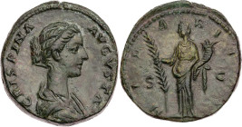 RÖMISCHE KAISERZEIT
Crispina, Gemahlin des Commodus, 177-192 n. Chr. AE-As 178-182 n. Chr. Rom Vs.: CRISPINA AVGVSTA, drapierte Büste n. r., Rs.: HIL...