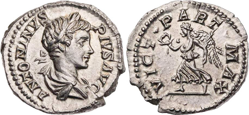 RÖMISCHE KAISERZEIT
Caracalla, 198-217 n. Chr. AR-Denar 202 n. Chr. Rom Vs.: AN...