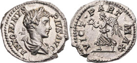 RÖMISCHE KAISERZEIT
Caracalla, 198-217 n. Chr. AR-Denar 202 n. Chr. Rom Vs.: ANTONINVS PIVS AVG, drapierte Büste mit Lorbeerkranz n. r., Rs.: VICT · ...