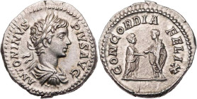 RÖMISCHE KAISERZEIT
Caracalla, 198-217 n. Chr. AR-Denar 202 n. Chr. Rom Vs.: ANTONINVS PIVS AVG, gepanzerte und drapierte Büste mit Lorbeerkranz n. r...