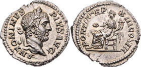 RÖMISCHE KAISERZEIT
Caracalla, 198-217 n. Chr. AR-Denar 210 n. Chr. Rom Vs.: ANTONINVS PIVS AVG, Kopf mit Lorbeerkranz n. r., Rs.: PONTIF TR P XIII C...