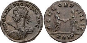 RÖMISCHE KAISERZEIT
Probus, 276-282 n. Chr. BI-Antoninian 4. Emission, 277 n. Chr. Siscia, 1. Offizin Vs.: IMP C M AVR PROBVS P F AVG, gepanzerte Büs...
