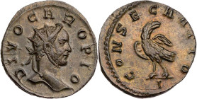 RÖMISCHE KAISERZEIT
Divus Carus, gest. 283 n. Chr. BI-Antoninian 10. Emission, 284 n. Chr. Lugdunum, 1. Offizin Vs.: DIVO CARO PIO, Büste mit Strahle...