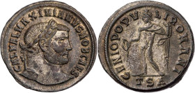 RÖMISCHE KAISERZEIT
Galerius Caesar, 293-305 n. Chr. AE-Follis 298-299 n. Chr. Thessalonica, 1. Offizin Vs.: GAL VAL MAXIMIANVS NOB CAES, Kopf mit Lo...
