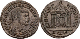 RÖMISCHE KAISERZEIT
Maxentius, 306-312 n. Chr. AE-Follis 308-309 n. Chr. Aquileia, 3. Offizin Vs.: IMP MAXENTIVS P F AVG CONS II, Büste in Trabea mit...