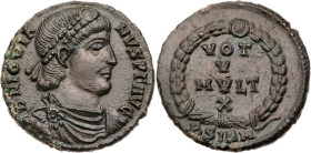RÖMISCHE KAISERZEIT
Iovianus, 363-364 n. Chr. AE-Centenionalis Sirmium, 2. Offizin Vs.: D N IOVIA-NVS P F AVG, gepanzerte und drapierte Büste mit Per...
