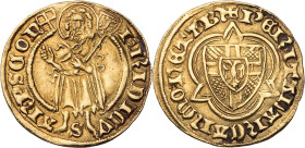 KÖLN ERZBISTUM
Friedrich III. Graf von Saarwerden, 1371-1414. Goldgulden o. J. (um 1397), mit Titel Erzkanzler von Italien Bonn Vs.: St. Johannes der...