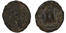 Arab-Byzantine. (685-692 AD) Fals. (21mm, 3,88g). Emesa. Obv: facing imperial bust holding globus cruciger. Rev: M.