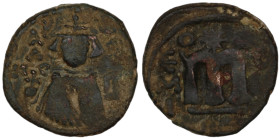 Arab-Byzantine. (685-692 AD) Fals. (18mm, 4,09g). Emesa. Obv: facing imperial bust holding globus cruciger. Rev: M.