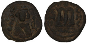 Arab-Byzantine. (685-692 AD) Fals. (20mm, 3,97g). Emesa. Obv: facing imperial bust holding globus cruciger. Rev: M.