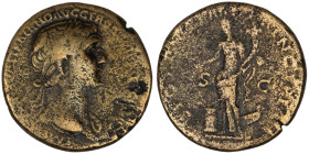 Trajan. (98-117 AD) Sesterz. (32mm, 22,15g) Obv: laureate bust of Trajan right. Rev: Fortuna standing left holding cornucopia and patera. prow in back...