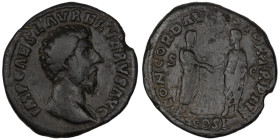 Lucius Verus. (161 AD). As. (26mm, 8,44g) Rome. Obv: IMP CS L AVREL VERVS AVG. draped bust of Lucius Verus right. Rev: CONCORD AVGVSTOR TR P COS II S ...