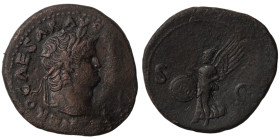 Nero. (54-68 AD). As. (28mm, 12,00g) Rome. Obv: NERO CSAR AVG GERM IMP. laureate head of Nero right. Rev: SC. Victory flying left holding shield inscr...