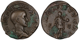 Philipp II. (245-247 AD). Sesterz. (29mm, 16,74g) Rome. Obv: M IVL PHILIPPVS CS. draped bust of Philpp right. Rev: PRINCIPI IVVENT SC. Philipp walking...