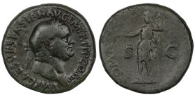 Vespasian. (71 AD). Sesterz. (32mm, 25,66g) Rome. Obv: IMP CS VESPASIAN AVG P M TR P P P COS III. laureate bust of Vespasian right. Rev: ROMA. Roma st...