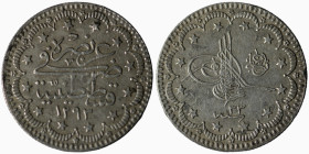 Abd al-Hamid II, AH 1293-1327 / AD 1876-1909. 10 Kurush (Silver), Constantinople mint, AH 1293 = AD 1876 / RY 33= 1907. Very fine (5,55g 23mm)