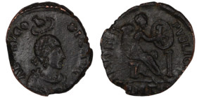 Aelia Eudoxia. (401-403 AD). Follis. (17mm, 1,85g) Antioch. Obv: L EVDOXIA AVG. Pearl-diademed, draped bust right with necklace. Rev: SALVS REI PVBLIC...