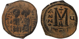 Justin II. and Sophia. (565-578 AD). Follis. (30mm, 12,69g) Constantinople. Obv: Justin II. and Sophia enthroned facing. Rev: ANNO / M.