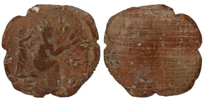 ancient seal impression. sealing wax. (25mm, 4,01g) Tyche seated right holding c...