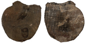 ancient seal impression. sealing wax. (19mm, 1,41g) owl seated right on wreath ; bust within. corn ear above.