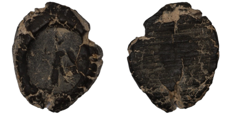 ancient seal impression. sealing wax. (18mm, 1,25g) figure standing left.