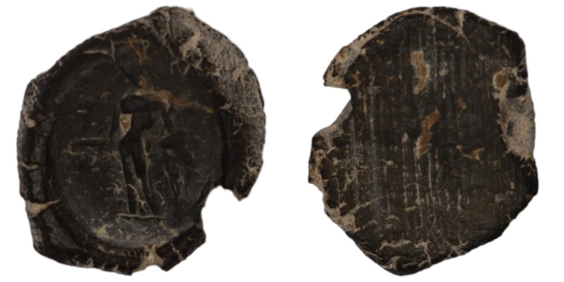 ancient seal impression. sealing wax. (16mm, 1,05g) figure standing left.