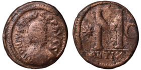 Justin I. (518-527 AD) Follis. (35mm, 16,03g) Antioch. Obv: D N IVSTINVS P P AVG. diademed bust right. Rev: M between stars, cross above.