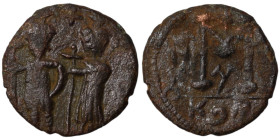 Justin II. and Sophia. (565-578 AD). Follis. (19mm, 3,21g) Constantinople. Obv: Justin II. and Sophia enthroned facing. Rev: ANNO / M.