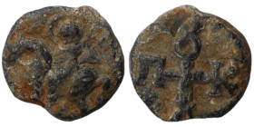 byzantine seal impression. lead. (14mm 4,56g) horseman / monogram.
