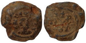 byzantine seal impression. lead. (20mm 7,20g) diademed bust / monogram.