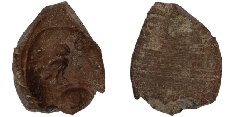 ancient seal impression. sealing wax. (19mm 1,68g) owl seated right on wreath ; ...