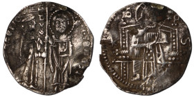 Venice. Francesco Dandolo. (1328-1339 AD). AR Grosso. (21mm, 1,34g). Obv: Doge and S. Marco standing facing, holding banner between them. Rev: Christ ...