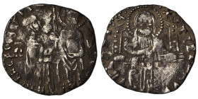 Venice. Francesco Dandolo. (1328-1339 AD). AR Grosso. (21mm, 1,34g). Obv: Doge and S. Marco standing facing, holding banner between them. Rev: Christ ...