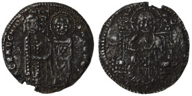 Venice. Francesco Dandolo. (1328-1339 AD). AR Grosso. (21mm, 1,34g). Obv: Doge and S. Marco standing facing, holding banner between them. Rev: Christ ...