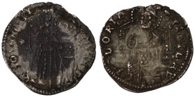 Venice. Francesco Dandolo. (1328-1339 AD). AR Grosso. (21mm, 1,34g). Obv: Doge and S. Marco standing facing, holding banner between them. Rev: Christ ...