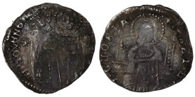 Venice. Francesco Dandolo. (1328-1339 AD). AR Grosso. (21mm, 1,34g). Obv: Doge and S. Marco standing facing, holding banner between them. Rev: Christ ...