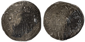 Venice. Francesco Dandolo. (1328-1339 AD). AR Grosso. (21mm, 1,34g). Obv: Doge and S. Marco standing facing, holding banner between them. Rev: Christ ...
