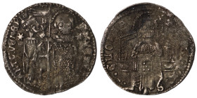 Venice. Francesco Dandolo. (1328-1339 AD). AR Grosso. (21mm, 1,34g). Obv: Doge and S. Marco standing facing, holding banner between them. Rev: Christ ...