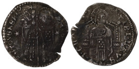 Venice. Francesco Dandolo. (1328-1339 AD). AR Grosso. (21mm, 1,34g). Obv: Doge and S. Marco standing facing, holding banner between them. Rev: Christ ...