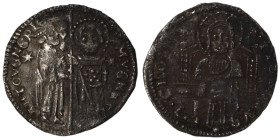Venice. Francesco Dandolo. (1328-1339 AD). AR Grosso. (21mm, 1,34g). Obv: Doge and S. Marco standing facing, holding banner between them. Rev: Christ ...