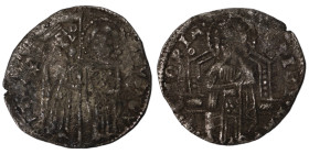 Venice. Francesco Dandolo. (1328-1339 AD). AR Grosso. (21mm, 1,34g). Obv: Doge and S. Marco standing facing, holding banner between them. Rev: Christ ...