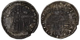 Venice. Francesco Dandolo. (1328-1339 AD). AR Grosso. (21mm, 1,34g). Obv: Doge and S. Marco standing facing, holding banner between them. Rev: Christ ...
