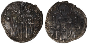 Venice. Francesco Dandolo. (1328-1339 AD). AR Grosso. (21mm, 1,34g). Obv: Doge and S. Marco standing facing, holding banner between them. Rev: Christ ...