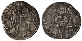Venice. Francesco Dandolo. (1328-1339 AD). AR Grosso. (21mm, 1,34g). Obv: Doge and S. Marco standing facing, holding banner between them. Rev: Christ ...
