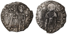 Venice. Francesco Dandolo. (1328-1339 AD). AR Grosso. (21mm, 1,34g). Obv: Doge and S. Marco standing facing, holding banner between them. Rev: Christ ...