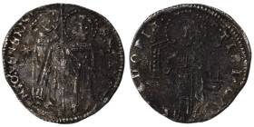 Venice. Francesco Dandolo. (1328-1339 AD). AR Grosso. (21mm, 1,34g). Obv: Doge and S. Marco standing facing, holding banner between them. Rev: Christ ...