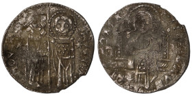 Venice. Francesco Dandolo. (1328-1339 AD). AR Grosso. (21mm, 1,34g). Obv: Doge and S. Marco standing facing, holding banner between them. Rev: Christ ...
