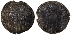 Venice. Francesco Dandolo. (1328-1339 AD). AR Grosso. (21mm, 1,34g). Obv: Doge and S. Marco standing facing, holding banner between them. Rev: Christ ...